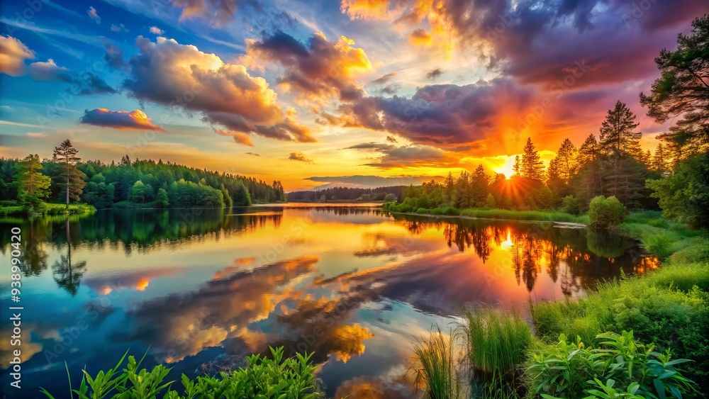 Vibrant sunset over serene lake, surrounded by lush greenery, symbolizing peace, tranquility, and a life filled with beauty, hope, and endless possibilities. Vibrant sunset over serene lake, surrounded by lush greenery, symbolizing peace, tranquility, and a life filled with beauty, hope, and endless possibilities.