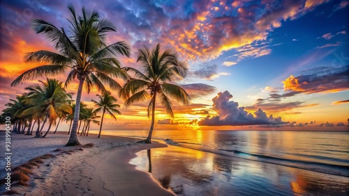 Vibrant sunset sky reflects off calm ocean waters, palm trees sway gently along pristine sandy beach in tropical Florida coastal paradise.