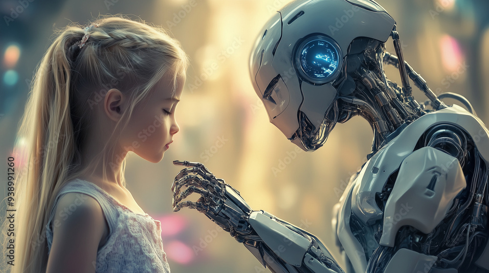 A high-tech modern robot interacts with a person. Robot and man. Robot in the modern world. AI generation A high-tech modern robot interacts with a person. Robot and man. Robot in the modern world. AI generation