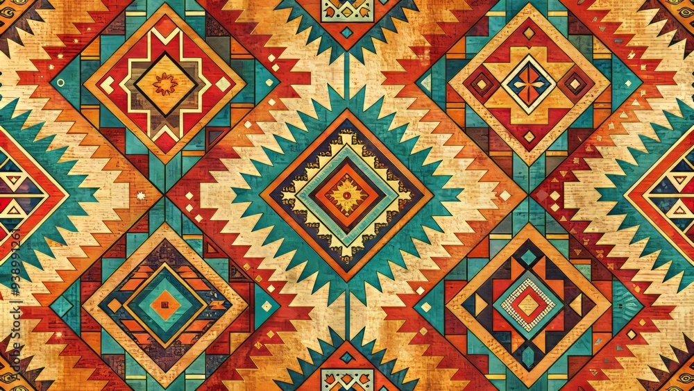 Vibrant vector illustration of southwest-inspired geometric patterns, featuring intricate tribal motifs, bold aztec shapes, and distressed textures in a warm, earthy color palette. Vibrant vector illustration of southwest-inspired geometric patterns, featuring intricate tribal motifs, bold aztec shapes, and distressed textures in a warm, earthy color palette.