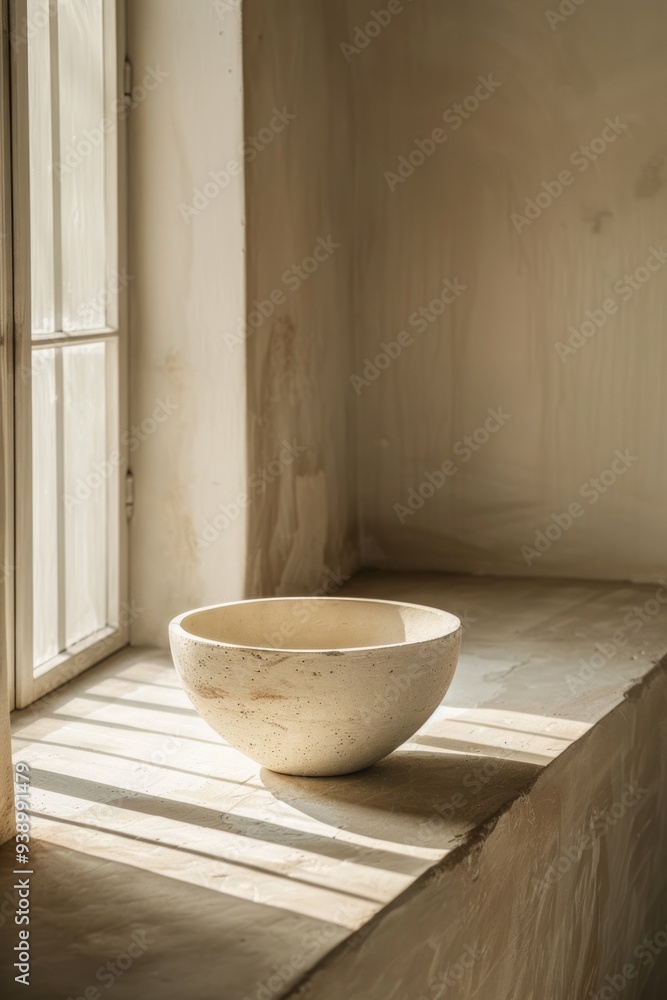 A stone bowl rests on a shelf, bathed in soft sunlight that casts gentle shadows