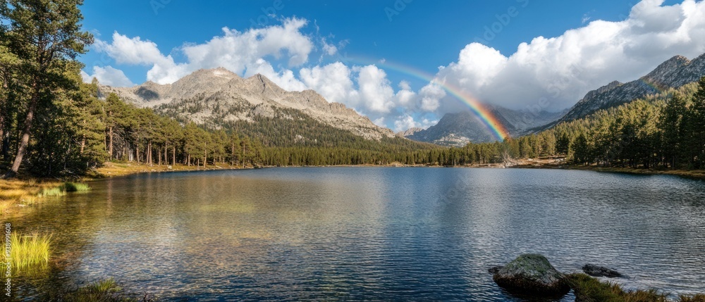Naklejka premium Mountain Lake with Rainbow and Cloudy Sky