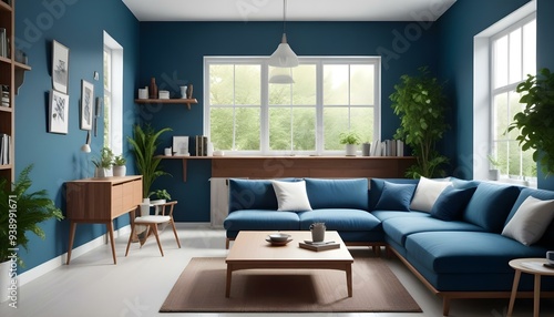 Interior mockup In a white room a blue sofa is placed next to a photo frame on the wall