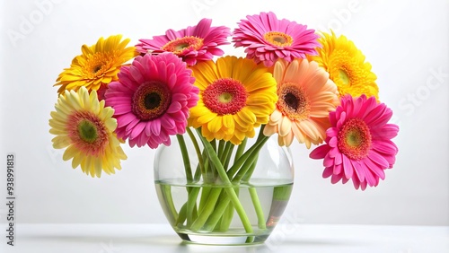 Wallpaper Mural Vibrant yellow and pink gerbera daisies arranged in a modern clear vase, set against a clean white background, exuding freshness and sunny optimism. Torontodigital.ca