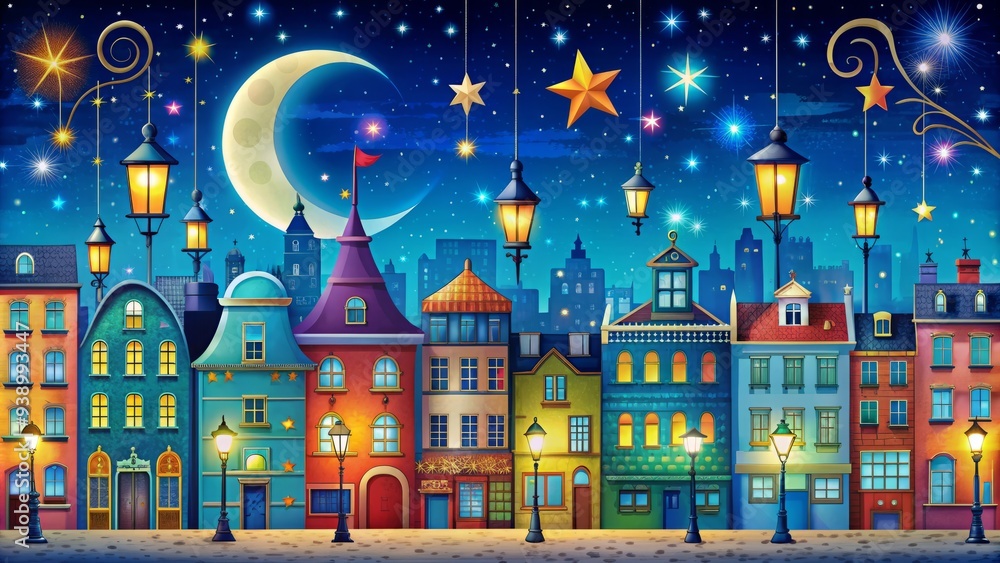 Whimsical cartoon cityscape at night, featuring bright stars, colorful buildings, and playful streetlights, under a deep blue sky with a crescent moon shining brightly. Whimsical cartoon cityscape at night, featuring bright stars, colorful buildings, and playful streetlights, under a deep blue sky with a crescent moon shining brightly.