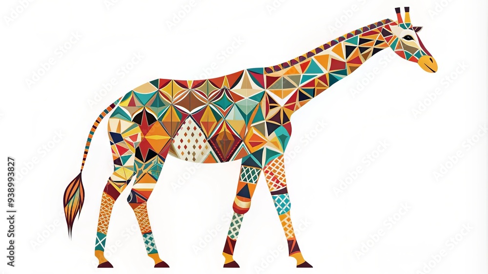 Obraz premium Whimsical vector illustration of a giraffe's body comprising colorful, geometric patterns, blending African savannah inspiration with modern graphic design elements.