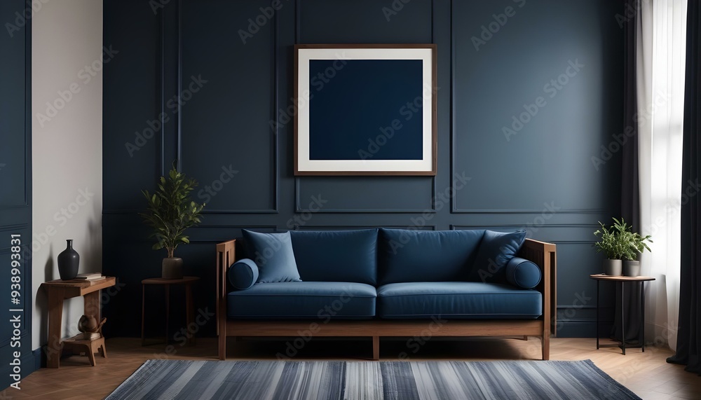 Interior mockup In a white room a blue sofa is placed next to a photo frame on the wall Interior mockup In a white room a blue sofa is placed next to a photo frame on the wall