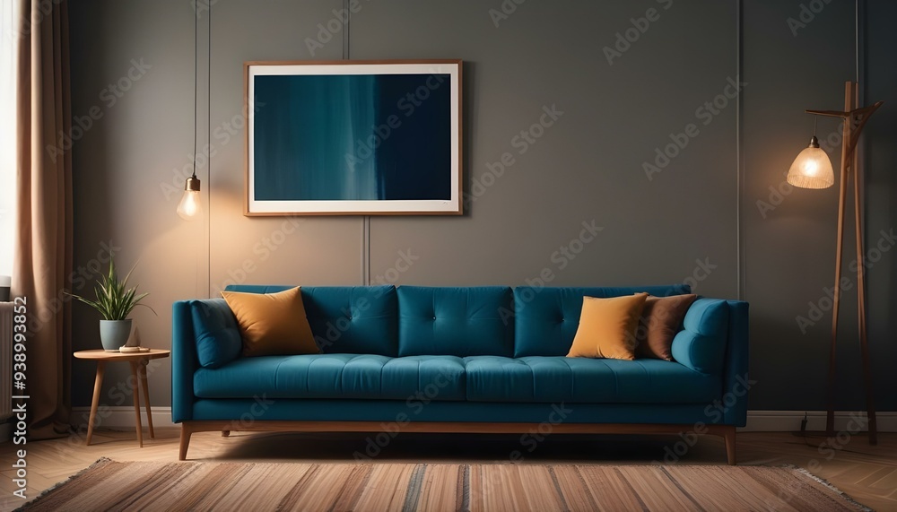Interior mockup In a white room a blue sofa is placed next to a photo frame on the wall Interior mockup In a white room a blue sofa is placed next to a photo frame on the wall