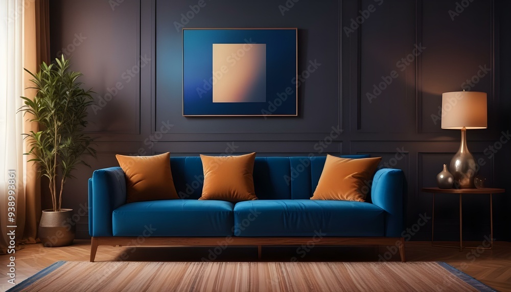 Interior mockup In a white room a blue sofa is placed next to a photo frame on the wall Interior mockup In a white room a blue sofa is placed next to a photo frame on the wall