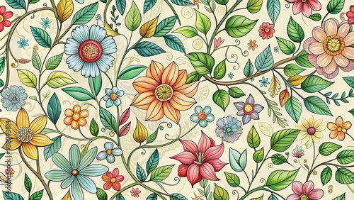 Whimsical seamless pattern of hand-drawn flowers, leaves, and vines intertwine in a delicate, intricate design, perfect for backgrounds, wallpapers, and gift wraps.