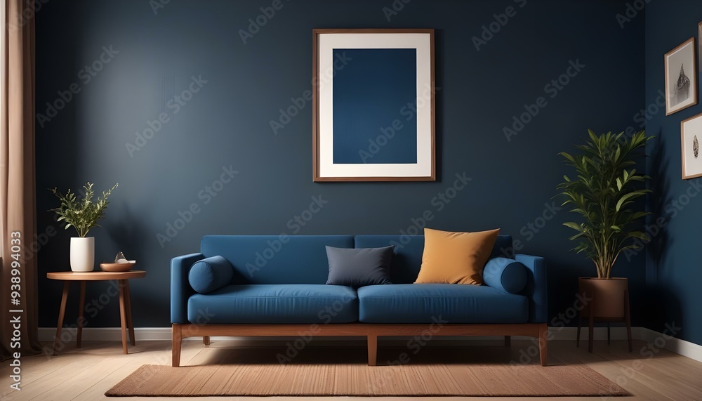 Interior mockup In a white room a blue sofa is placed next to a photo frame on the wall Interior mockup In a white room a blue sofa is placed next to a photo frame on the wall