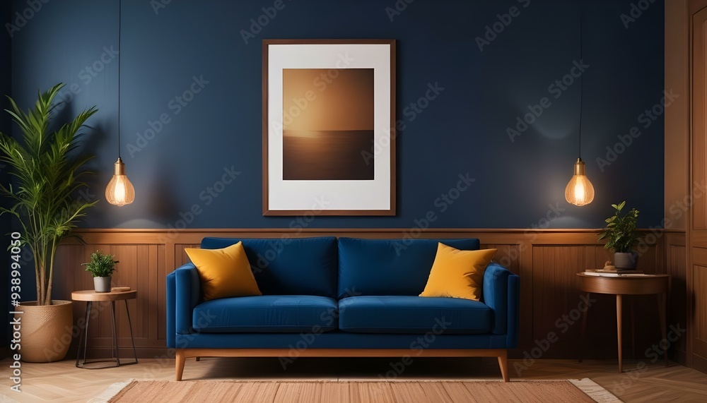 Interior mockup In a white room a blue sofa is placed next to a photo frame on the wall Interior mockup In a white room a blue sofa is placed next to a photo frame on the wall
