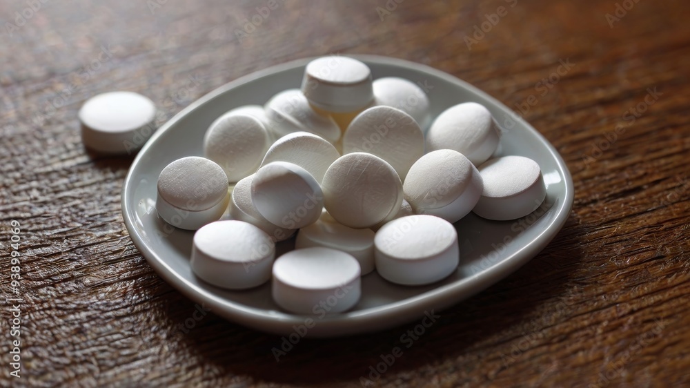 White pills in a plate with space for text on a wooden table White pills in a plate with space for text on a wooden table