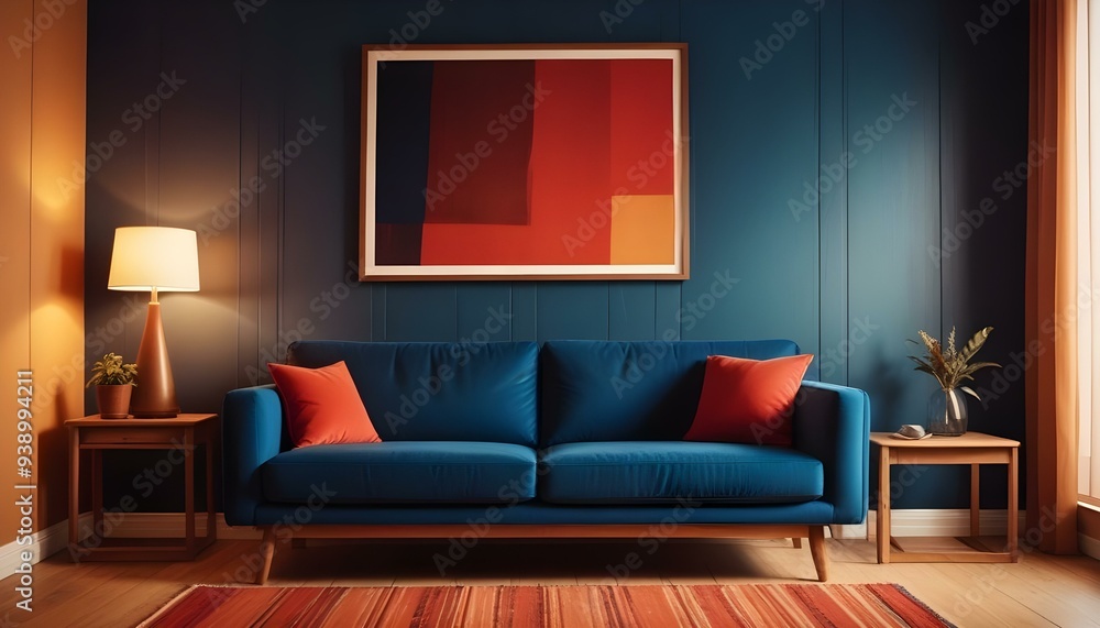 Interior mockup In a white room a blue sofa is placed next to a photo frame on the wall Interior mockup In a white room a blue sofa is placed next to a photo frame on the wall