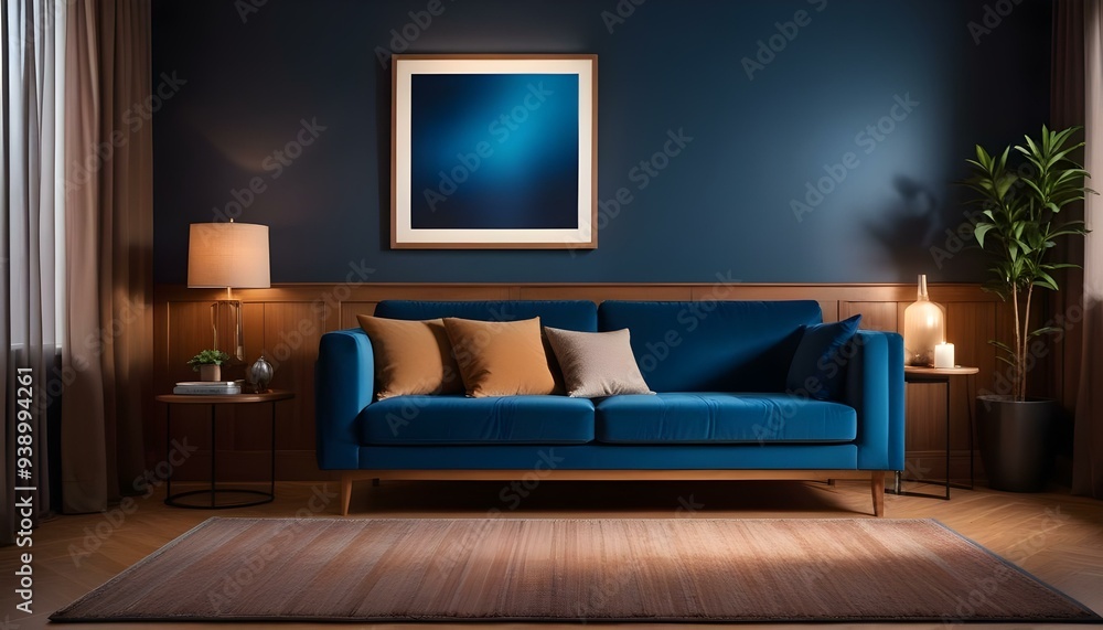 Interior mockup In a white room a blue sofa is placed next to a photo frame on the wall Interior mockup In a white room a blue sofa is placed next to a photo frame on the wall