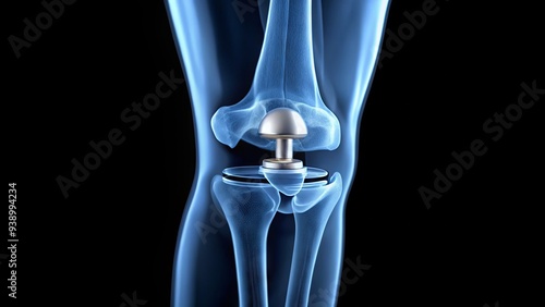 Obraz na płótnie X-ray of artificial knee joint implant in human leg, showing metallic prosthesis and bone integration, with surrounding tissue and ligaments for medical illustration. w salonie