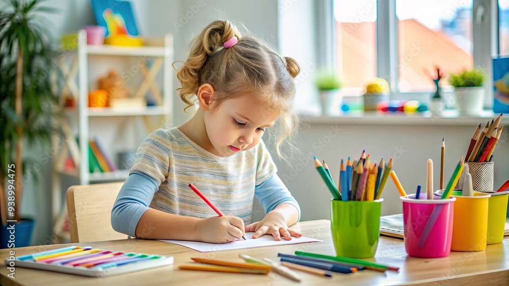 Young Girl Drawing With Colored Pencils, Paper, And Crayons At A Messy Desk Young Girl Drawing With Colored Pencils, Paper, And Crayons At A Messy Desk
