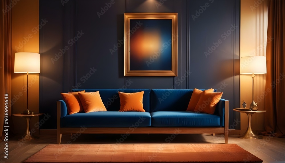 Interior mockup In a white room a blue sofa is placed next to a photo frame on the wall Interior mockup In a white room a blue sofa is placed next to a photo frame on the wall