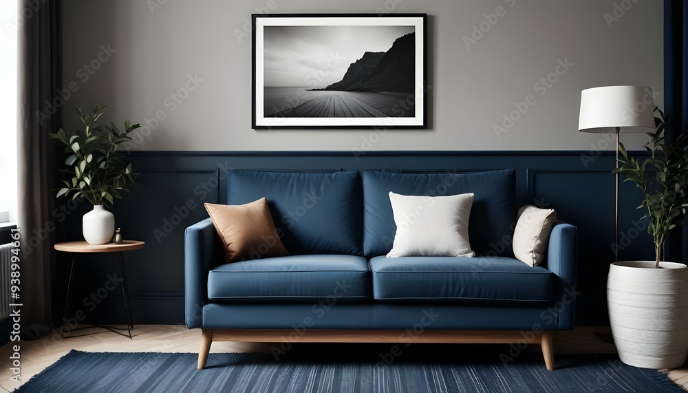 Interior mockup In a white room a blue sofa is placed next to a photo frame on the wall Interior mockup In a white room a blue sofa is placed next to a photo frame on the wall