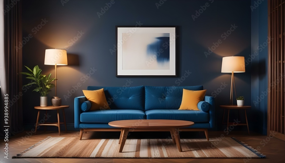 Interior mockup In a white room a blue sofa is placed next to a photo frame on the wall Interior mockup In a white room a blue sofa is placed next to a photo frame on the wall