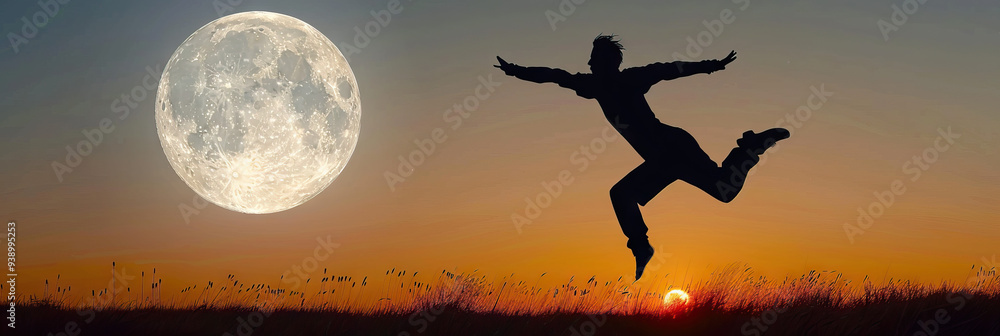 Lunar Leap: A silhouetted figure leaping through the air, arms outstretched towards the full moon. Lunar Leap: A silhouetted figure leaping through the air, arms outstretched towards the full moon.