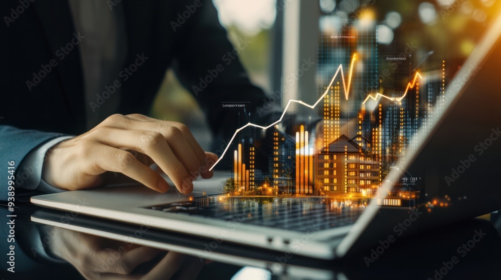 © Johannes - Real estate investment investor buy a house land location Investor work on laptop computer to invest real estate in office click on increase graph arrow Facility management concept : Generative AI