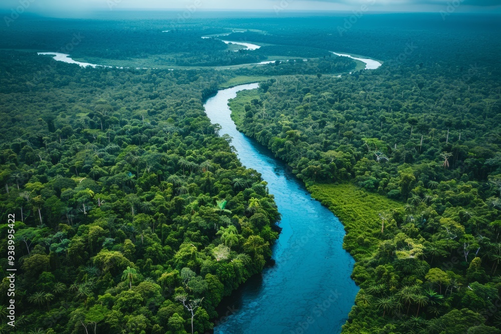 A tranquil river meanders through lush green forests under a cloudy sky in early morning light A tranquil river meanders through lush green forests under a cloudy sky in early morning light