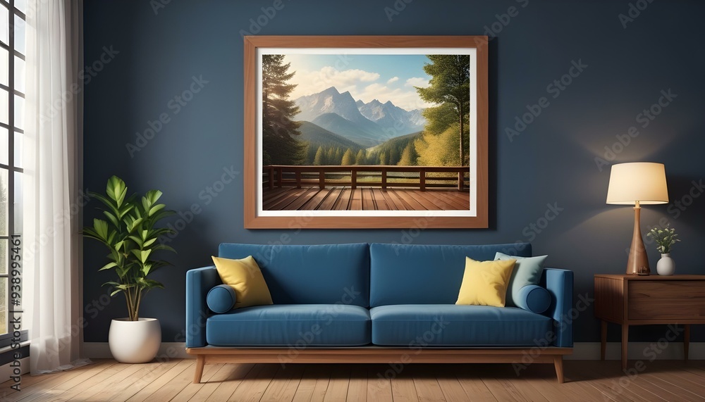 Interior mockup In a white room a blue sofa is placed next to a photo frame on the wall Interior mockup In a white room a blue sofa is placed next to a photo frame on the wall