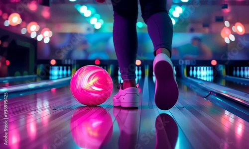 Woman's legs in white sneakers on a bowling lane, a pink bowling ball in the foreground, neon lights and pins in the background.