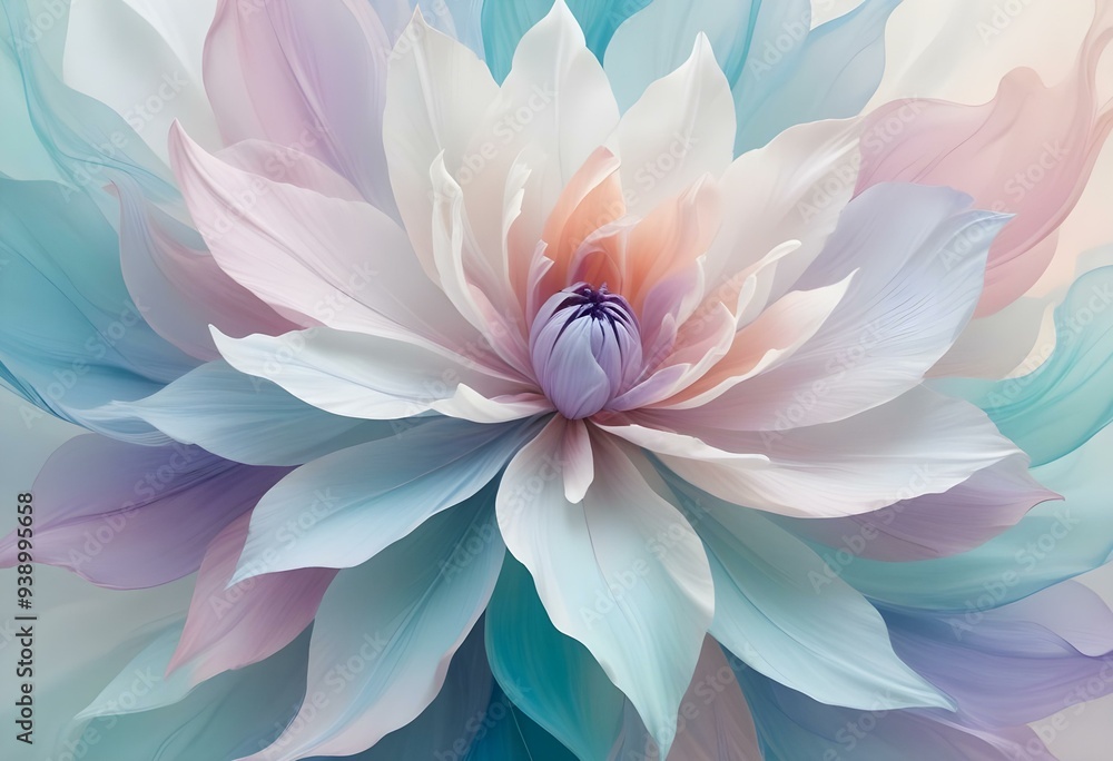 Obraz premium Abstract image of a flower in soft pastel colors, flowing, translucent petals with a blend of light pink, blue, and lavender hues, white background, centered composition