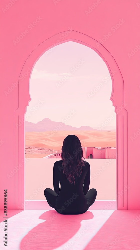 Serene Pink Archway View with Contemplative Figure Serene Pink Archway View with Contemplative Figure