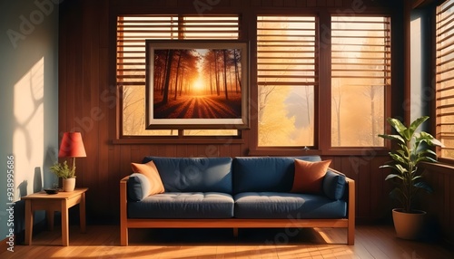 Interior mockup In a white room a blue sofa is placed next to a photo frame on the wall