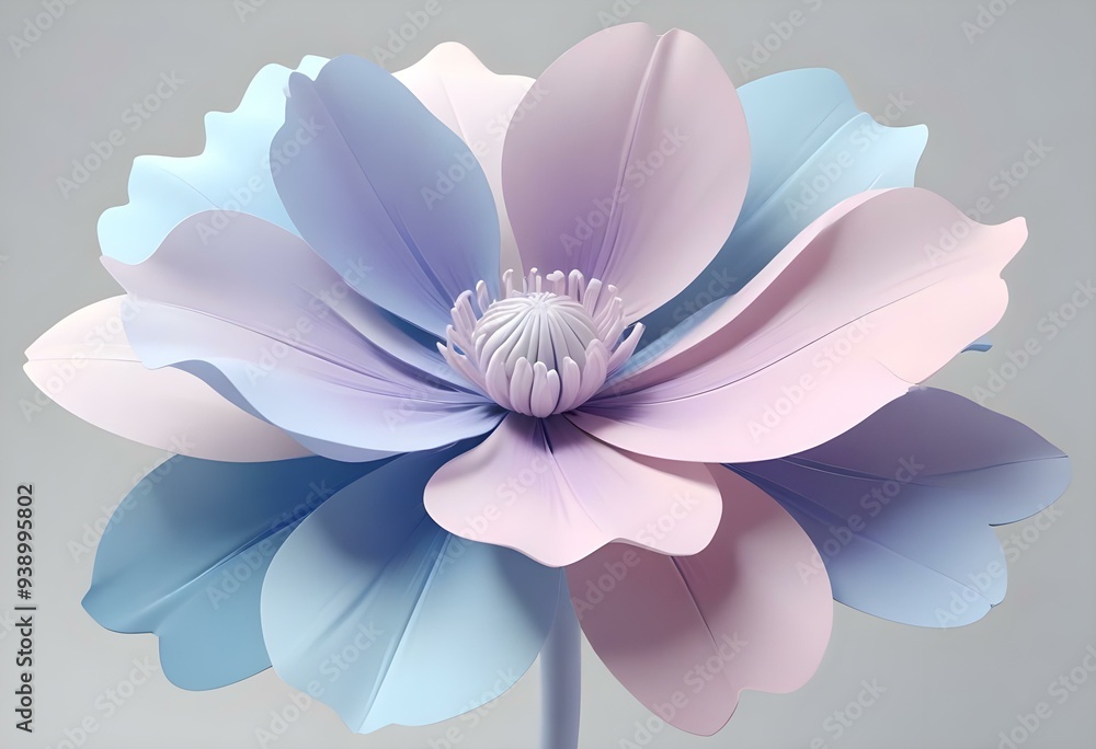 Fototapeta premium Abstract image of a flower in soft pastel colors, flowing, translucent petals with a blend of light pink, blue, and lavender hues, white background, centered composition