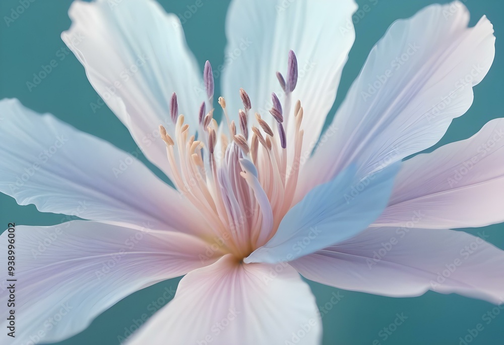 Abstract image of a flower in soft pastel colors, flowing, translucent petals with a blend of light pink, blue, and lavender hues, white background, centered composition Abstract image of a flower in soft pastel colors, flowing, translucent petals with a blend of light pink, blue, and lavender hues, white background, centered composition
