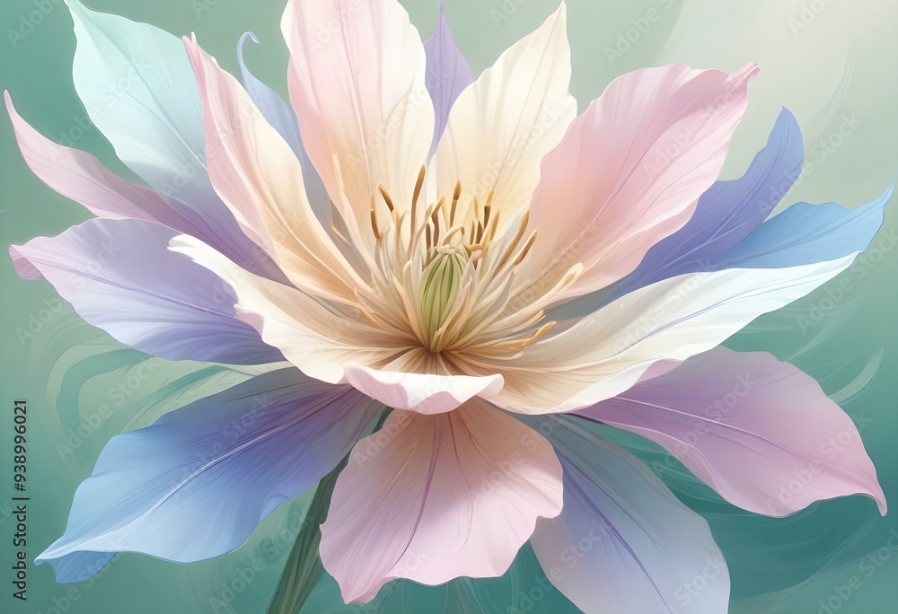 Abstract image of a flower in soft pastel colors, flowing, translucent petals with a blend of light pink, blue, and lavender hues, white background, centered composition Abstract image of a flower in soft pastel colors, flowing, translucent petals with a blend of light pink, blue, and lavender hues, white background, centered composition