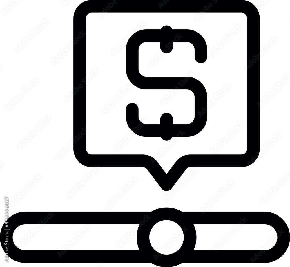 Black outline icon of a dollar sign inside a speech bubble over a slider button Black outline icon of a dollar sign inside a speech bubble over a slider button