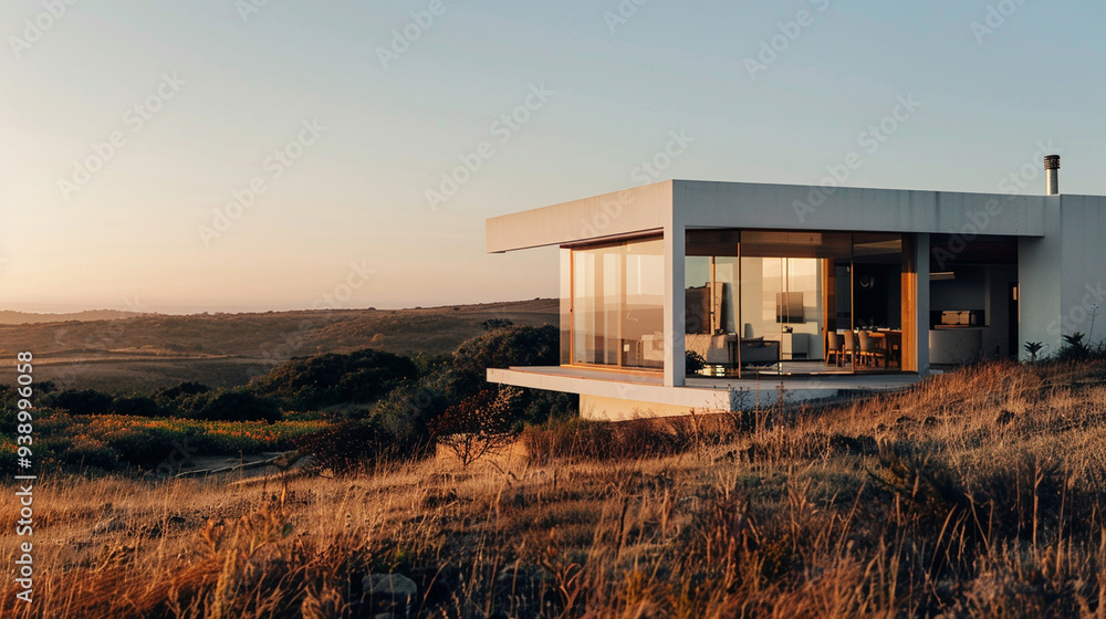 A minimalist white building with large windows, situated in a serene natural landscape A minimalist white building with large windows, situated in a serene natural landscape