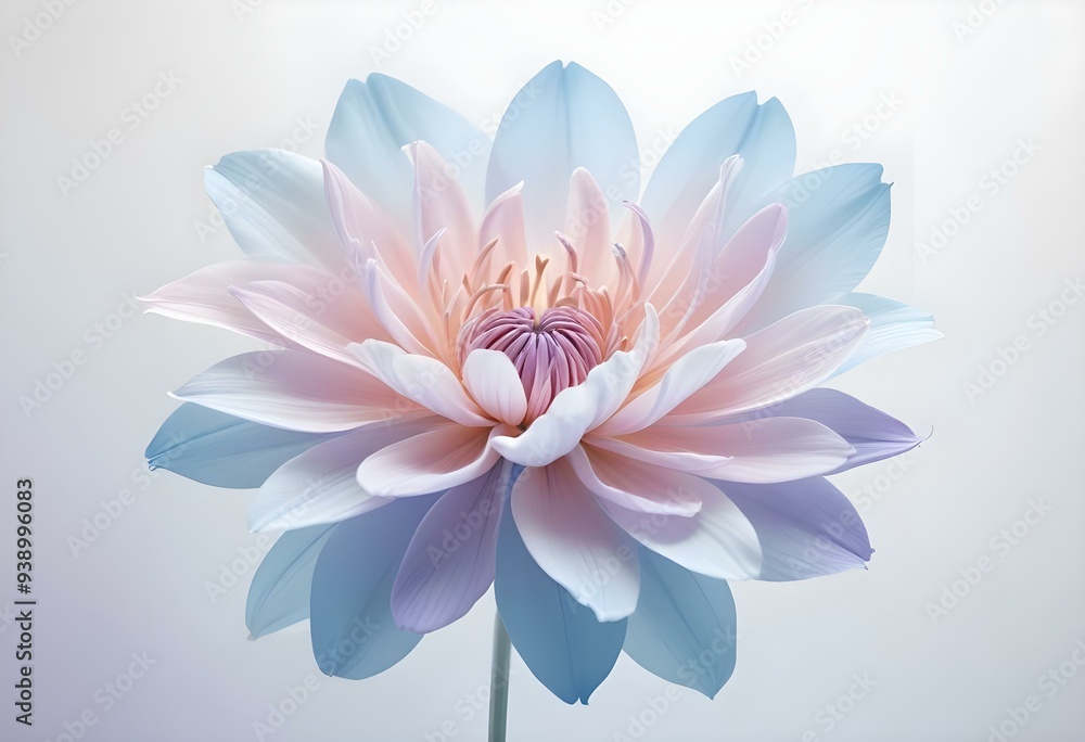 Obraz premium Abstract image of a flower in soft pastel colors, flowing, translucent petals with a blend of light pink, blue, and lavender hues, white background, centered composition
