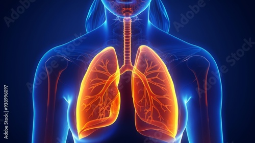 Silhouetted woman's body in blue light, lungs highlighted in chest, focusing on pulmonary system.