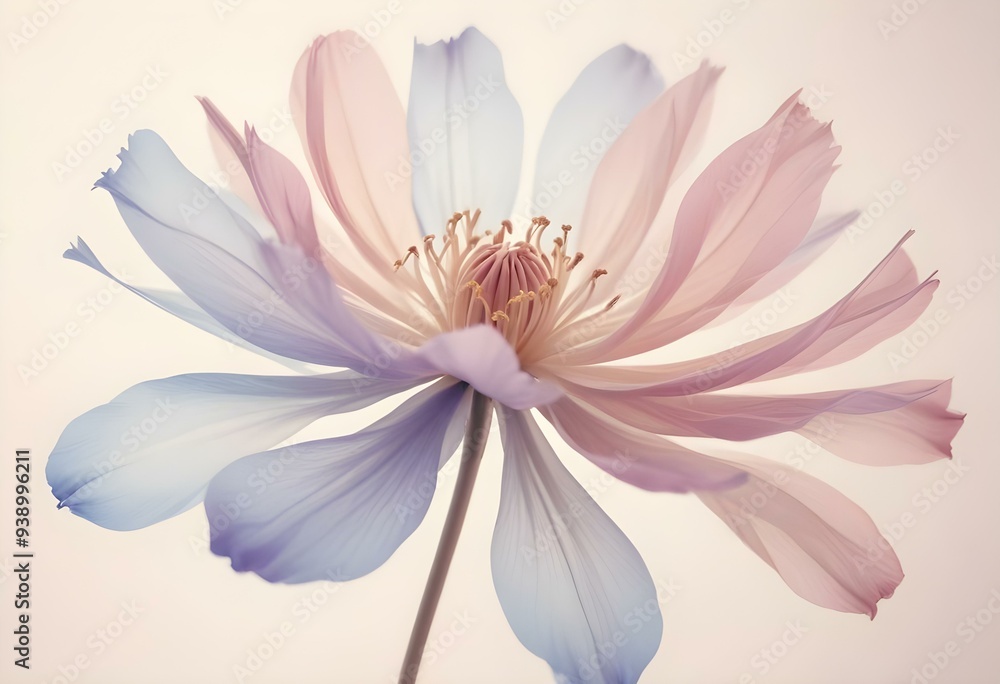 Abstract image of a flower in soft pastel colors, flowing, translucent petals with a blend of light pink, blue, and lavender hues, white background, centered composition Abstract image of a flower in soft pastel colors, flowing, translucent petals with a blend of light pink, blue, and lavender hues, white background, centered composition