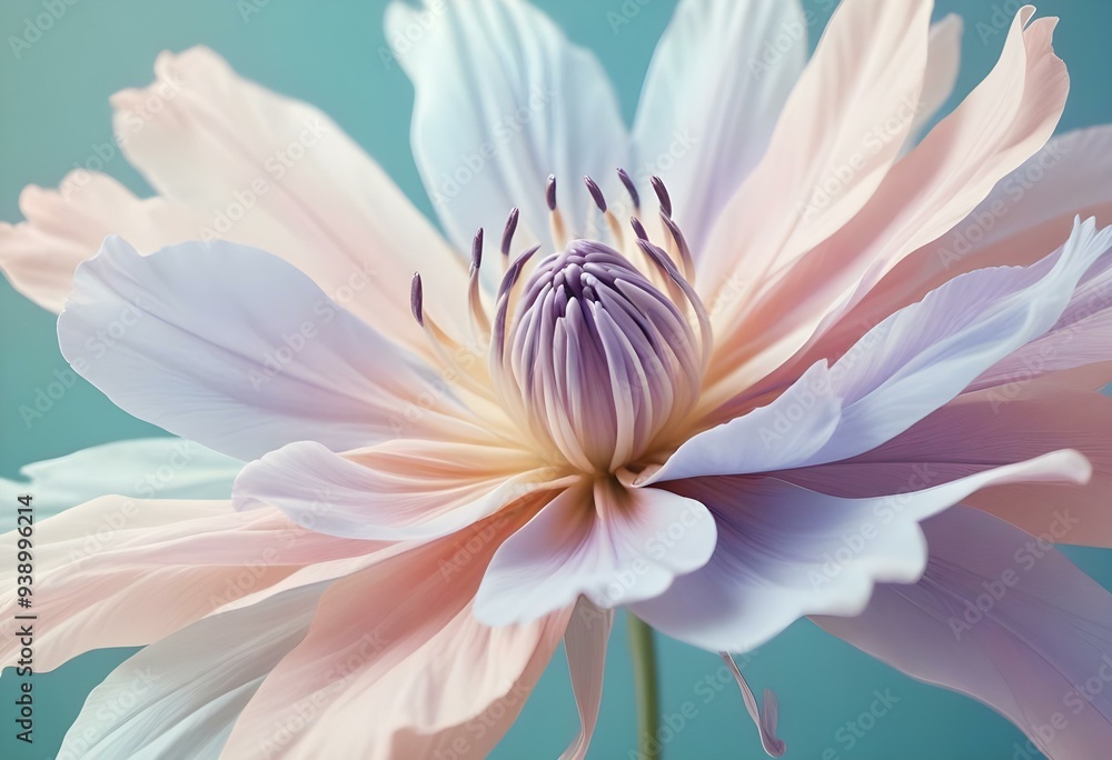 Abstract image of a flower in soft pastel colors, flowing, translucent petals with a blend of light pink, blue, and lavender hues, white background, centered composition Abstract image of a flower in soft pastel colors, flowing, translucent petals with a blend of light pink, blue, and lavender hues, white background, centered composition