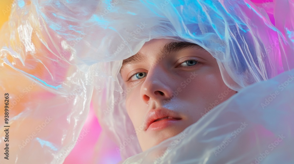 A colorful background, a man, a man wearing a white jellyfish costume, jellyfish makeup face - A colorful background, a man, a man wearing a white jellyfish costume, jellyfish makeup face -