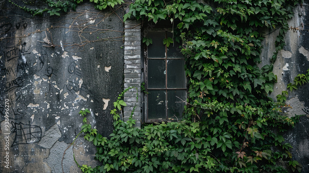 An abandoned building covered in ivy, showing the contrast between nature and urban decay An abandoned building covered in ivy, showing the contrast between nature and urban decay