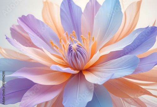 Abstract image of a flower in soft pastel colors, flowing, translucent petals with a blend of light pink, blue, and lavender hues, white background, centered composition