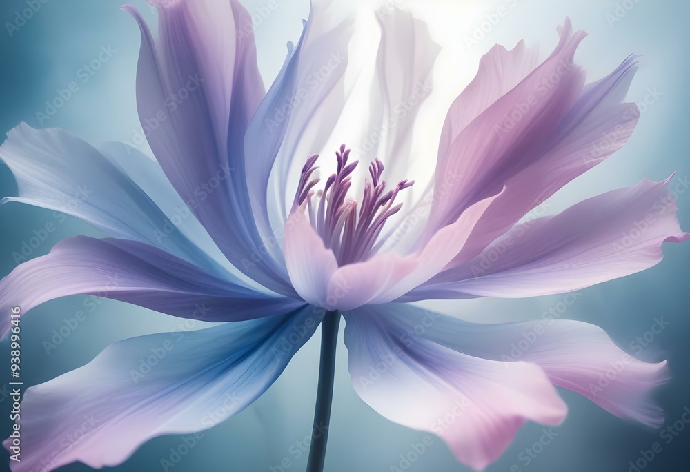 Abstract image of a flower in soft pastel colors, flowing, translucent petals with a blend of light pink, blue, and lavender hues, white background, centered composition Abstract image of a flower in soft pastel colors, flowing, translucent petals with a blend of light pink, blue, and lavender hues, white background, centered composition