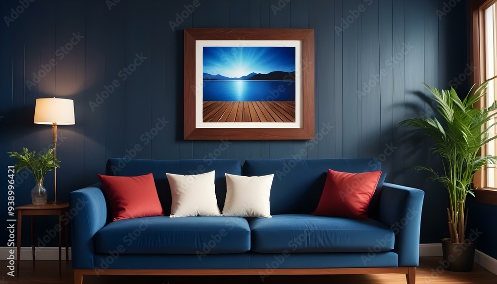 Interior mockup In a white room a blue sofa is placed next to a photo frame on the wall Interior mockup In a white room a blue sofa is placed next to a photo frame on the wall