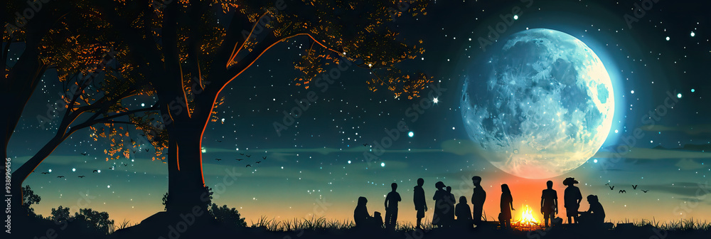 Moonlit Majesty: A group of people gathered around a campfire, silhouetted by the bright moon. Moonlit Majesty: A group of people gathered around a campfire, silhouetted by the bright moon.