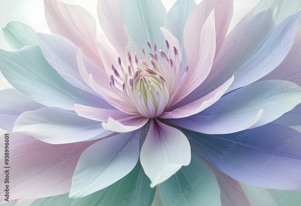Obraz premium Abstract image of a flower in soft pastel colors, flowing, translucent petals with a blend of light pink, blue, and lavender hues, white background, centered composition