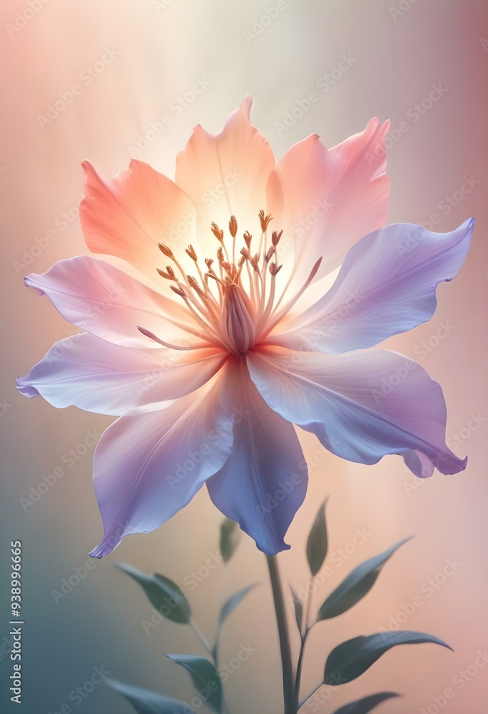 Abstract image of a flower in soft pastel colors, flowing, translucent petals with a blend of light pink, blue, and lavender hues, white background, centered composition Abstract image of a flower in soft pastel colors, flowing, translucent petals with a blend of light pink, blue, and lavender hues, white background, centered composition
