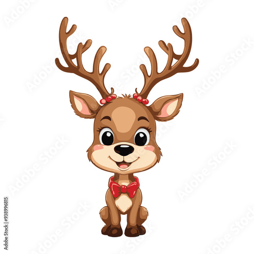 Adorable Sitting Reindeer with Red Bowtie and Antlers